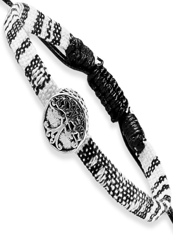 Soul Statement Boho Colorful Woven Cloth Surfer Anklet with Tree of Life Charm, Adjustable Sizing for a Bracelet, Dainty Stackable for Waterproof Trendy Summer Jewelry for Women (Black & White Tree Charm) - Image 1