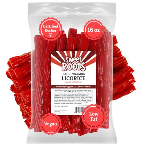 Happy Bites Sweet Roots Hot Cinnamon Licorice Twists – 1 Bag (16 oz) – Jumbo Size Licorice Sticks | Vegan, Fat Free, Kosher | Soft Gourmet Licorice Candy with Hot Cinnamon Flavor - Image 1