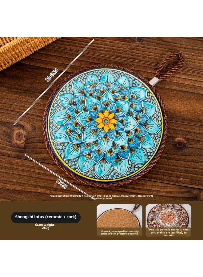 Retro Heat Insulation Pad High Temperature Resistant Casserole Anti-scalding Pad Enamel Pot Cushion Ceramic New Chinese Style Non-slip Dining Table Plate Cushion-color:Shengshi Lotus Diameter 17cm  - Image 1