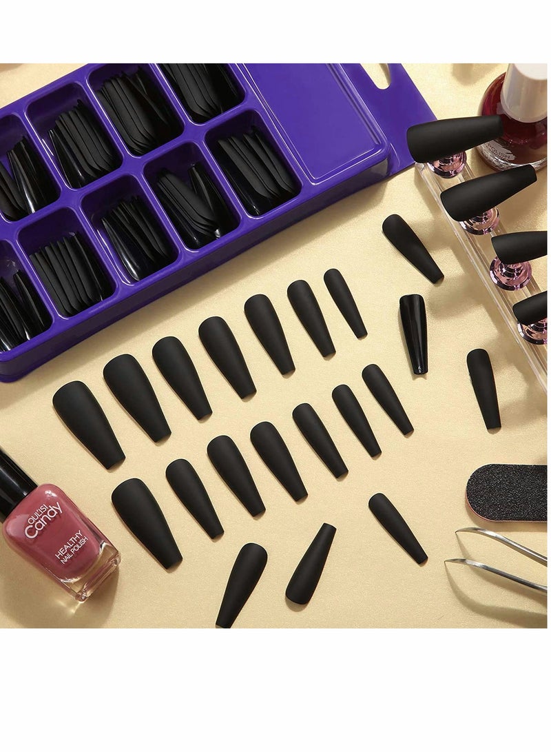 100 Pieces Matte Extra Long Ballerina Press on Nails Coffin False Nails Solid Color Full Cover Fake Nails Matte Coffin False Nails with Box for Women Girls DIY Nail Decorations (Black) - Image 5