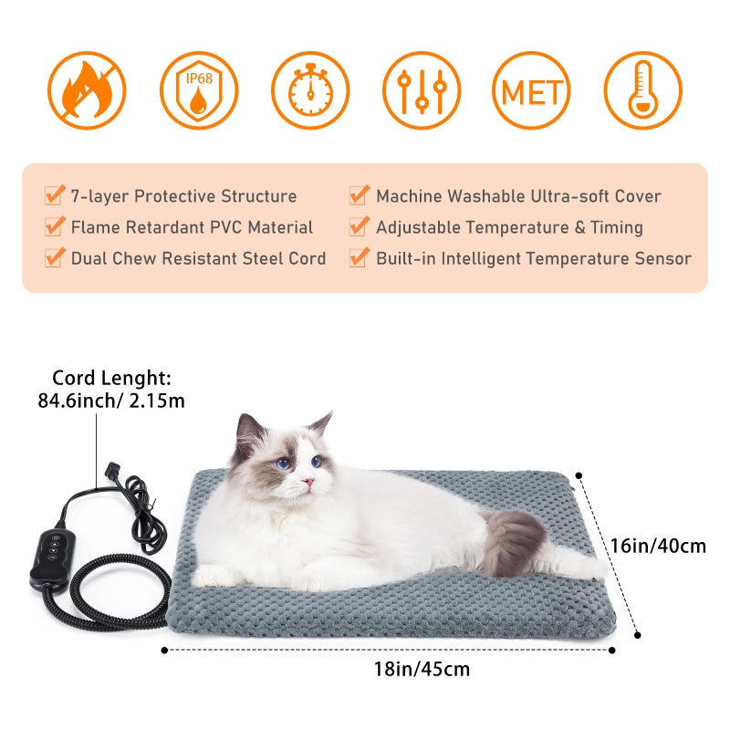 INVENHO Heated Cat Bed, Waterproof Adjustable Temperature Dog Cat Heating Pad with Timer, Indoor Pet Heating Pad for Cats Dogs Electric Pads for Dogs Cats, Pet Heated Pad (S: 18" x 16") - Image 5