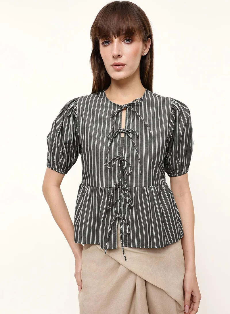 دينيس لينغو Black 100% Cotton Striped Blouse Boxy Tops For Women