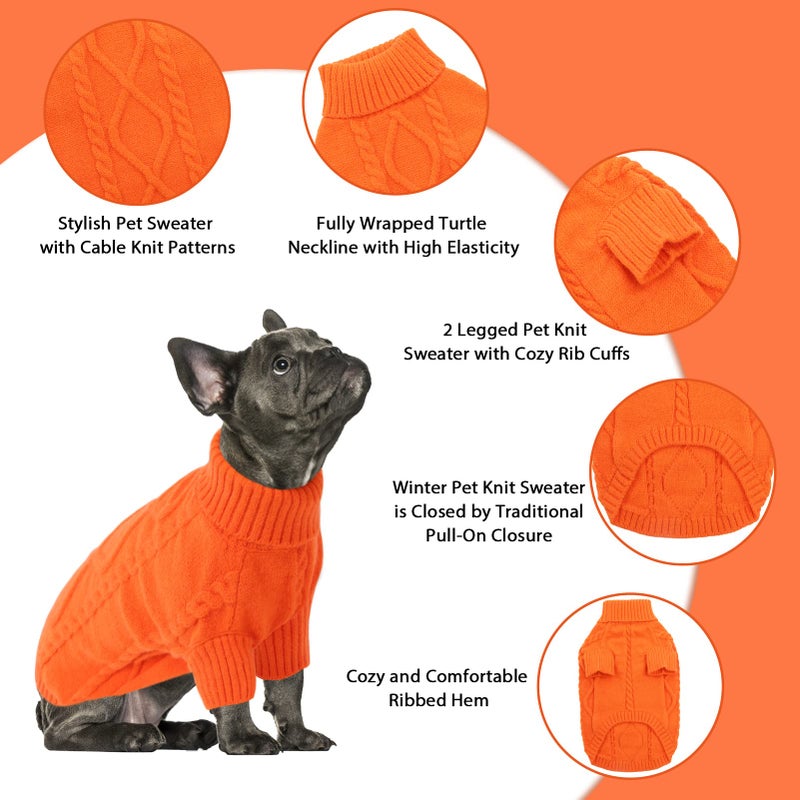 Queenmore Small Dog Pullover Sweater, Cold Weather Cable Knitwear, Classic Turtleneck Thick Warm Clothes for Chihuahua, Bulldog, Dachshund, Pug (Orange, Medium) - Image 3