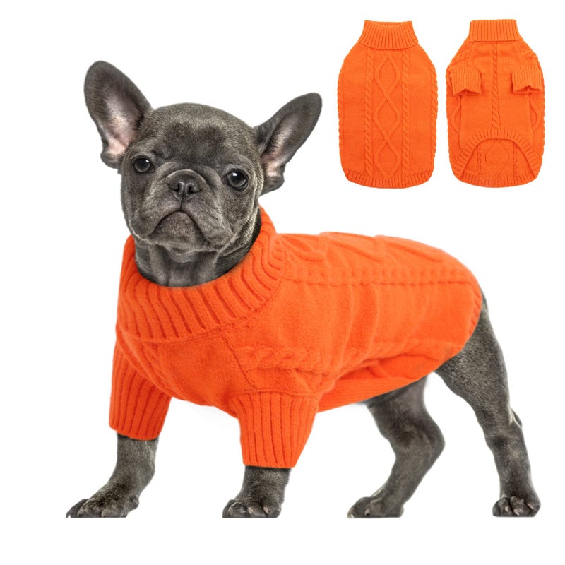 Queenmore Small Dog Pullover Sweater, Cold Weather Cable Knitwear, Classic Turtleneck Thick Warm Clothes for Chihuahua, Bulldog, Dachshund, Pug (Orange, Medium) - Image 1