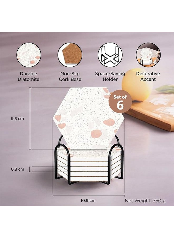 Kuber Industries Kuber Industries 6 Pcs Diatomite Tea Coaster With Holder - Water Absorbent Hexagonal Tea Cup & Water Glass Cover Top Lid for Teapoy- Cream  - Image 3