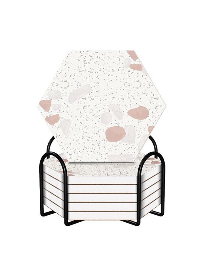 Kuber Industries Kuber Industries 6 Pcs Diatomite Tea Coaster With Holder - Water Absorbent Hexagonal Tea Cup & Water Glass Cover Top Lid for Teapoy- Cream  - Image 1