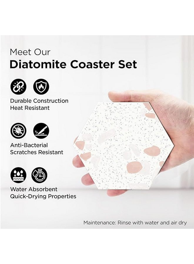 Kuber Industries Kuber Industries 6 Pcs Diatomite Tea Coaster With Holder - Water Absorbent Hexagonal Tea Cup & Water Glass Cover Top Lid for Teapoy- Cream  - Image 4