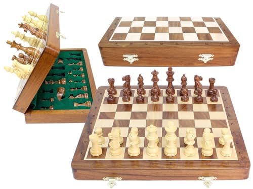 House of Chess 10 Inch Wooden Magnetic Folding Travel Chess SetBoard with 2 Extra Knights 2 Extra Pawns 2 Extra Queens and Algebraic Notation Handmade Golden Rosewood - Image 1