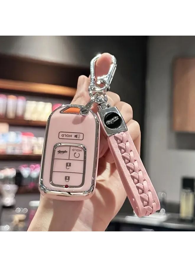 Black TPU Key Fob Cover with Leather Keychain Lanyard for 5 Button Remote Keyless Entry - Image 1