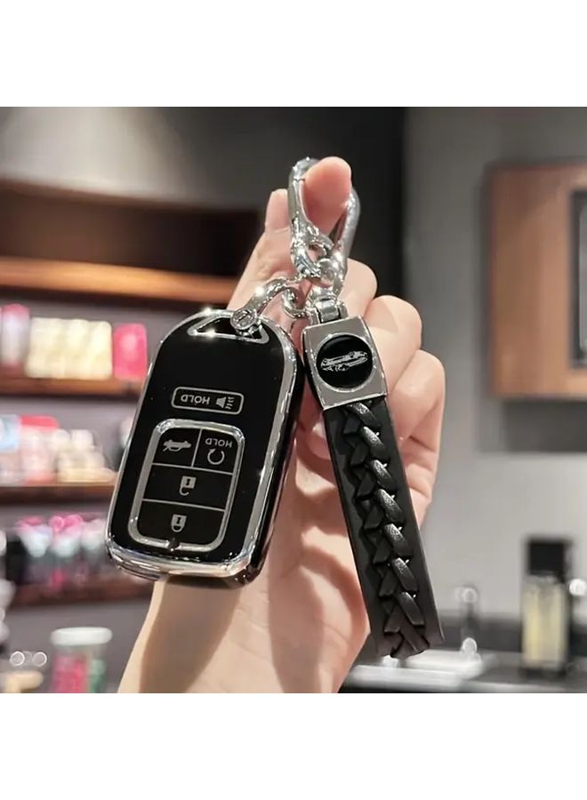 Black TPU Key Fob Cover with Leather Keychain Lanyard for 5 Button Remote Keyless Entry - Image 2