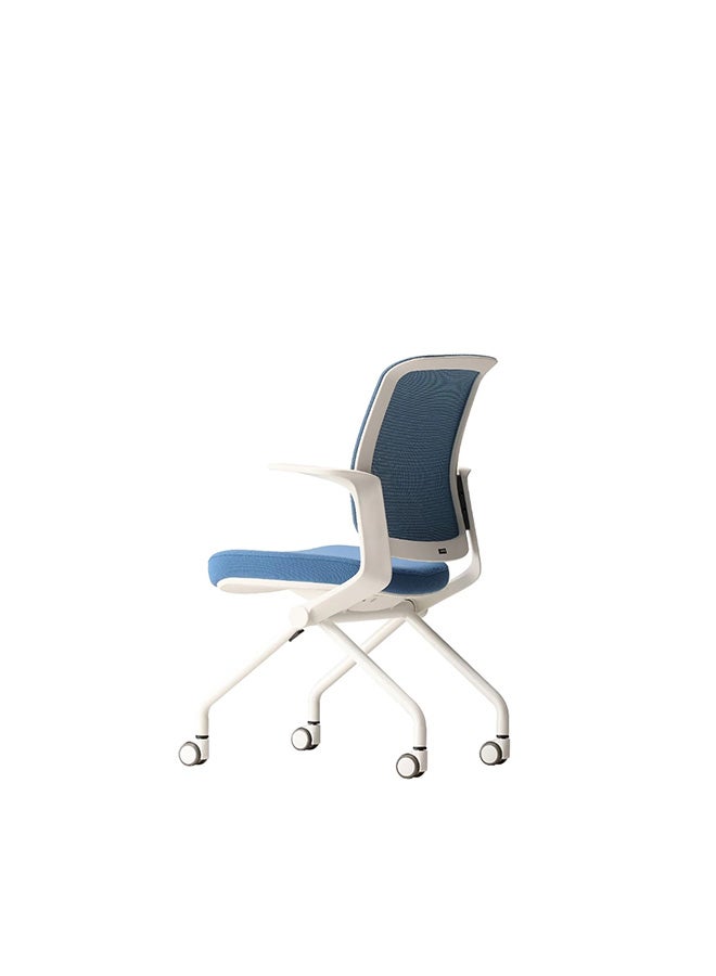 Flip Foldable Office Chair with White Frame and Blue Fabric | Ergonomic Mesh Back with Fixed Arms