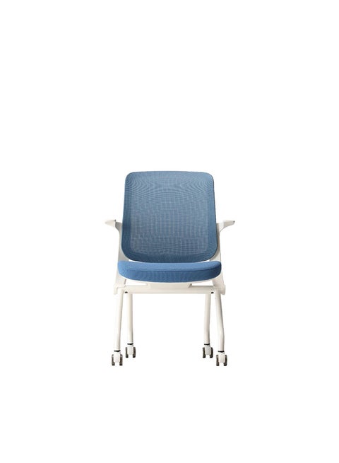 Flip Foldable Office Chair with White Frame and Blue Fabric | Ergonomic Mesh Back with Fixed Arms
