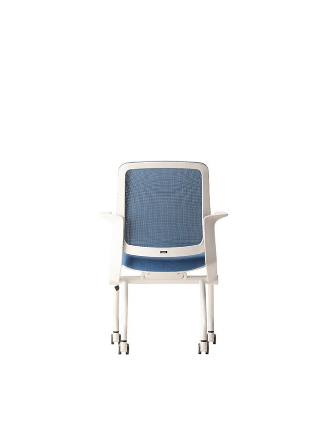 Flip Foldable Office Chair with White Frame and Blue Fabric | Ergonomic Mesh Back with Fixed Arms