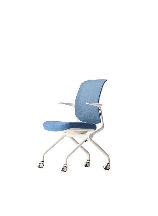 Flip Foldable Office Chair with White Frame and Blue Fabric | Ergonomic Mesh Back with Fixed Arms
