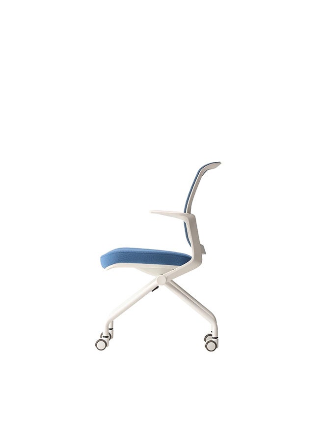 Flip Foldable Office Chair with White Frame and Blue Fabric | Ergonomic Mesh Back with Fixed Arms