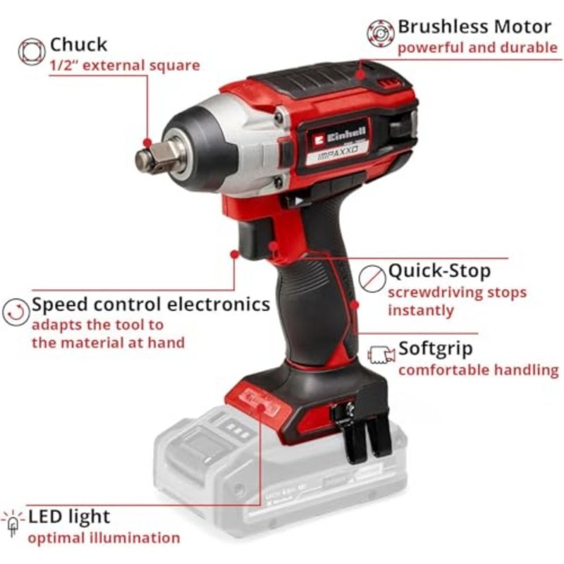 IMPAXXO 18/230 Power X-Change 18V مفتاح ربط تأثير لاسلكي 230Nm، محرك بدون فرش، LED، سائق مثقاب منفرد للتحكم في السرعة مع محول بت 1/2 بوصة - البطارية والشاحن غير متضمنين - Image 3