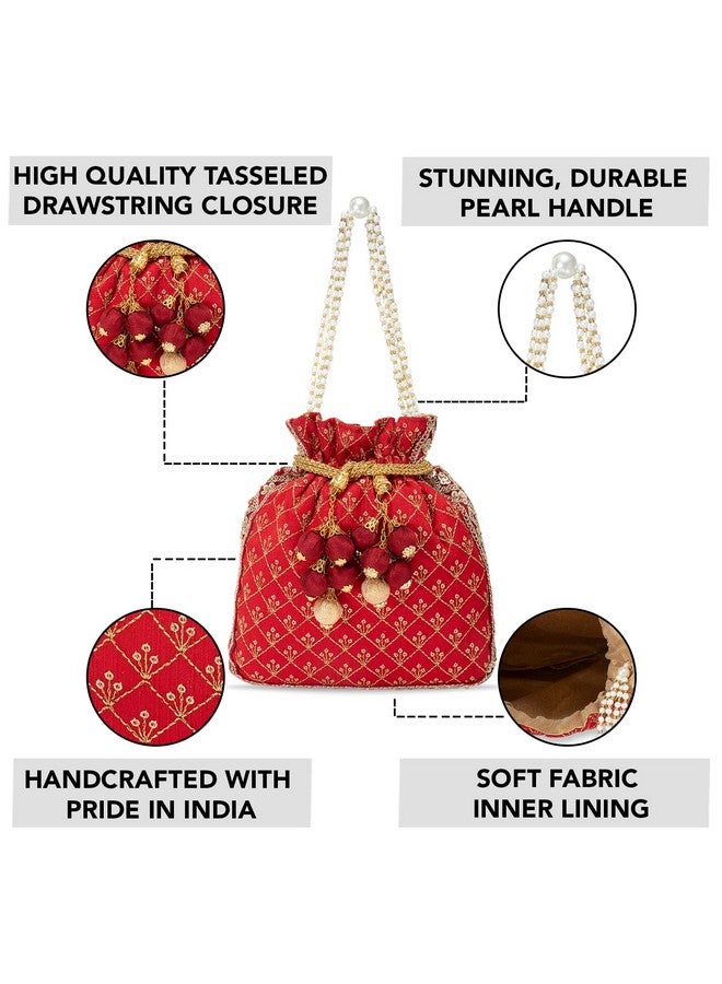 Peora Potli Bags for Women Evening Bag Clutch Ethnic Bride Purse with Drawstring Red - Image 3