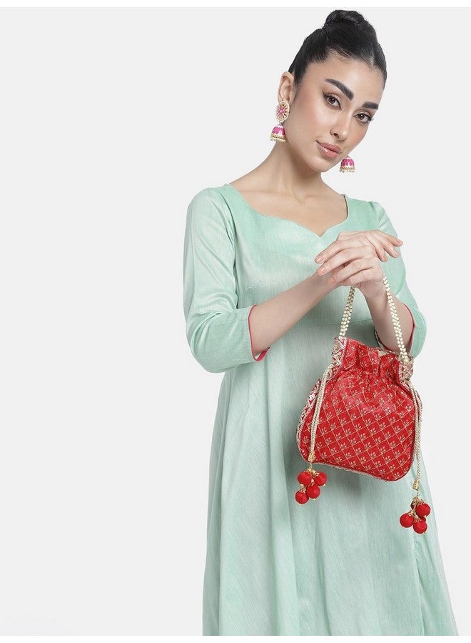 Peora Potli Bags for Women Evening Bag Clutch Ethnic Bride Purse with Drawstring Red - Image 4