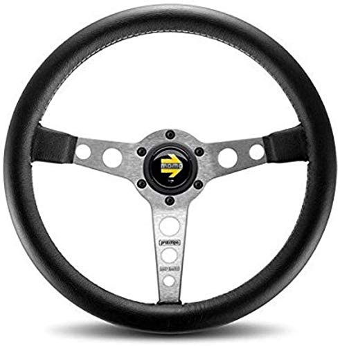 MOMO Motorsport Prototipo Steering Wheel Black Leather Grip Brushed Aluminum Spoke White Stitch 350mm - Image 1