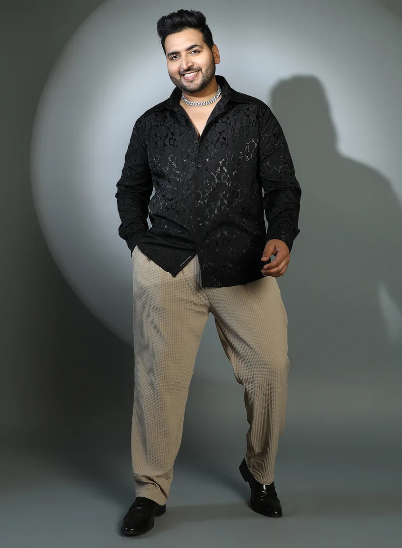 Instafab Plus Instafab Plus Men's Onyx Black Rose-Tactile Shirt For Casual Wear | Spread Collar | Long Cuffed Sleeves | Button Closure | Plus Size Shirt Crafted With Comfort Fit For Everyday Wear