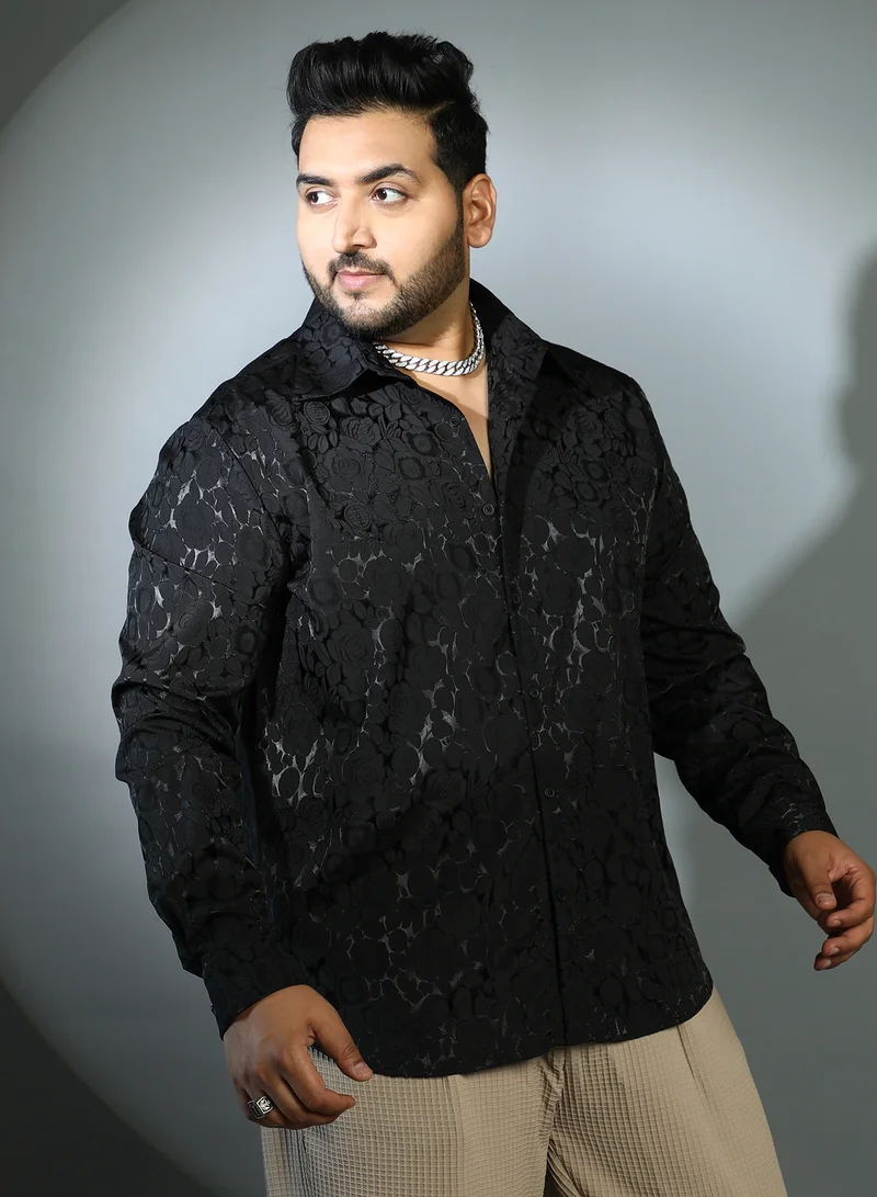 Instafab Plus Instafab Plus Men's Onyx Black Rose-Tactile Shirt For Casual Wear | Spread Collar | Long Cuffed Sleeves | Button Closure | Plus Size Shirt Crafted With Comfort Fit For Everyday Wear