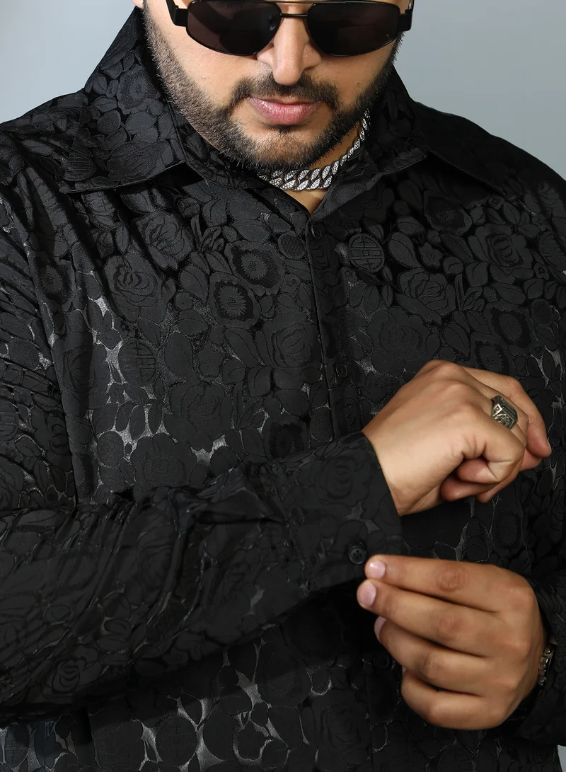 Instafab Plus Instafab Plus Men's Onyx Black Rose-Tactile Shirt For Casual Wear | Spread Collar | Long Cuffed Sleeves | Button Closure | Plus Size Shirt Crafted With Comfort Fit For Everyday Wear