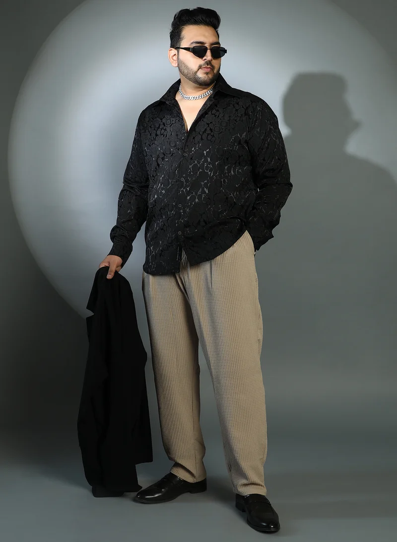 Instafab Plus Instafab Plus Men's Onyx Black Rose-Tactile Shirt For Casual Wear | Spread Collar | Long Cuffed Sleeves | Button Closure | Plus Size Shirt Crafted With Comfort Fit For Everyday Wear
