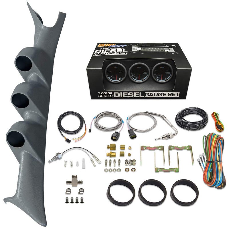 GlowShift Diesel Gauge Package for Ford Super Duty F-250 F-350 1999-2007 - 7 Color Boost, EGT & Transmission Temp Gauges with Gray Triple Pillar Pod - Image 1