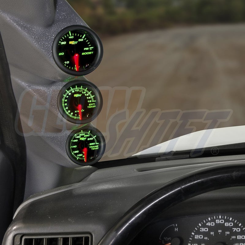 GlowShift Diesel Gauge Package for Ford Super Duty F-250 F-350 1999-2007 - 7 Color Boost, EGT & Transmission Temp Gauges with Gray Triple Pillar Pod - Image 2