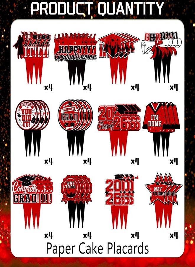 wuhuzsm 36 Pack 2026 Graduation Cupcake Toppers,Black Red Grad Cap Decorations Includes Diploma, Congrats & 2026 Picks for Class of 2026 Graduation Party Supplie（Red） - Image 3