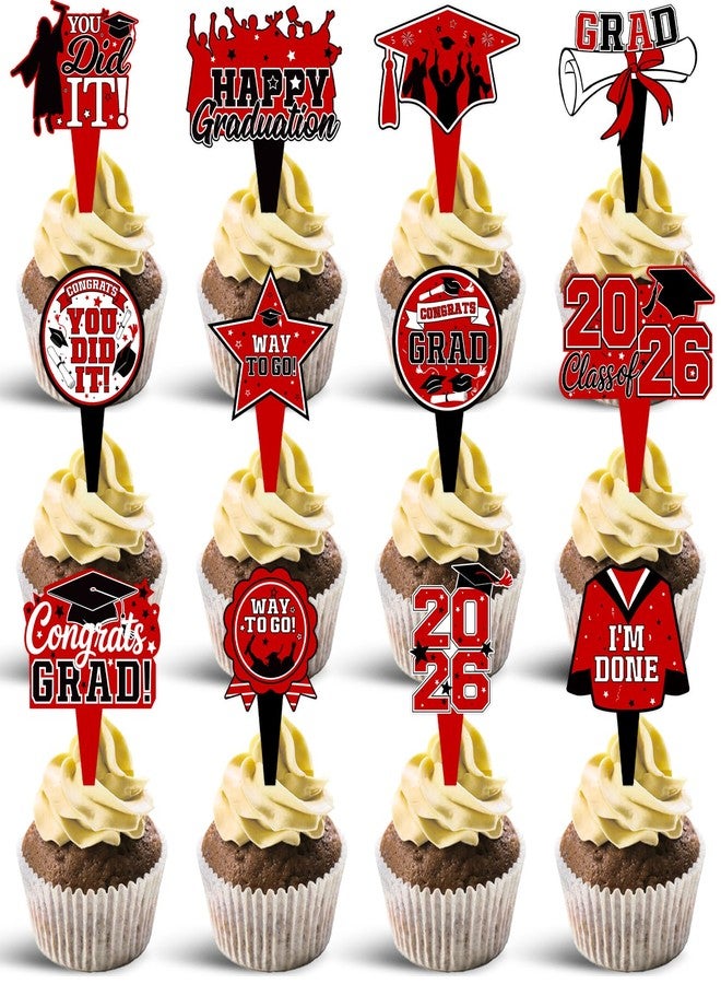 wuhuzsm 36 Pack 2026 Graduation Cupcake Toppers,Black Red Grad Cap Decorations Includes Diploma, Congrats & 2026 Picks for Class of 2026 Graduation Party Supplie（Red） - Image 1
