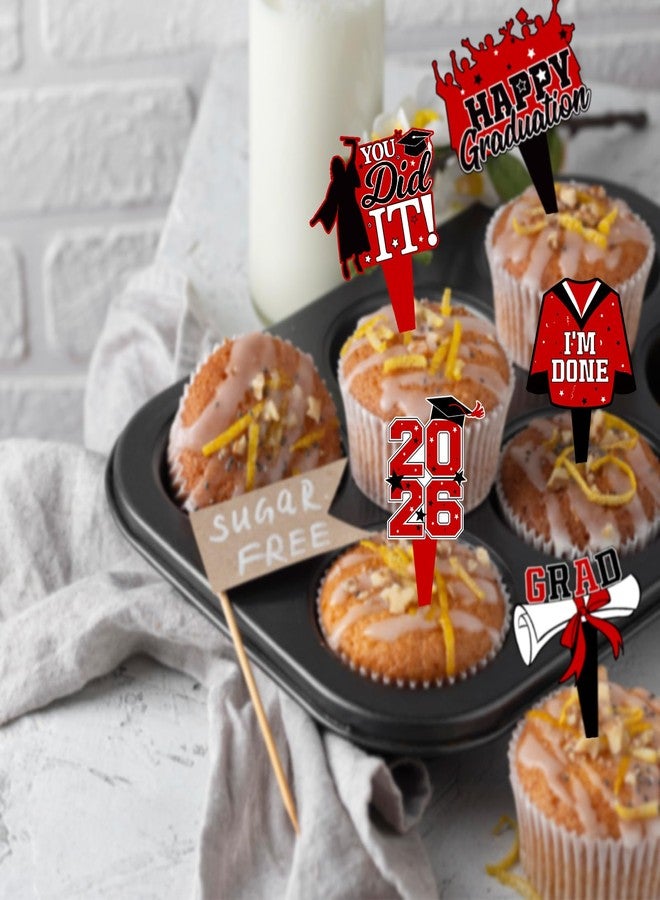 wuhuzsm 36 Pack 2026 Graduation Cupcake Toppers,Black Red Grad Cap Decorations Includes Diploma, Congrats & 2026 Picks for Class of 2026 Graduation Party Supplie（Red） - Image 5