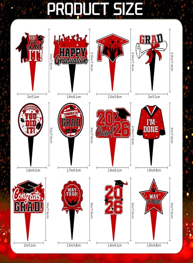 wuhuzsm 36 Pack 2026 Graduation Cupcake Toppers,Black Red Grad Cap Decorations Includes Diploma, Congrats & 2026 Picks for Class of 2026 Graduation Party Supplie（Red） - Image 2