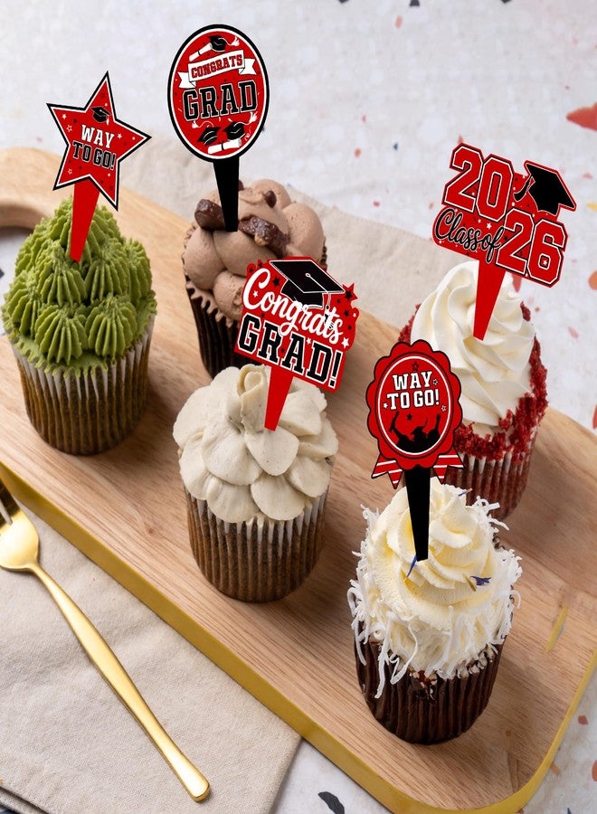 wuhuzsm 36 Pack 2026 Graduation Cupcake Toppers,Black Red Grad Cap Decorations Includes Diploma, Congrats & 2026 Picks for Class of 2026 Graduation Party Supplie（Red） - Image 4