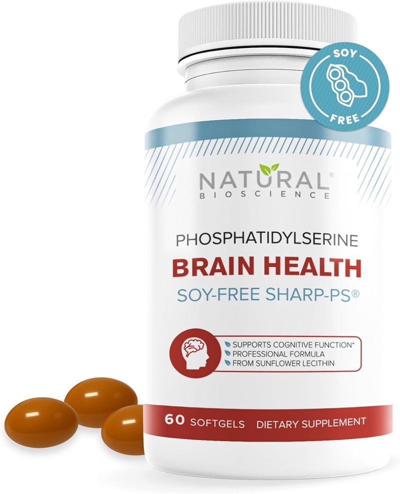 Natural BioScience Soy Free Phosphatidylserine 100mg Softgel  PS Supplement Boosts Memory Focus Problem Solving Cortisol Control Natural Sunflower Lecithin Patented Sharp PSGreen NonGMO 60 Softgels - Image 1