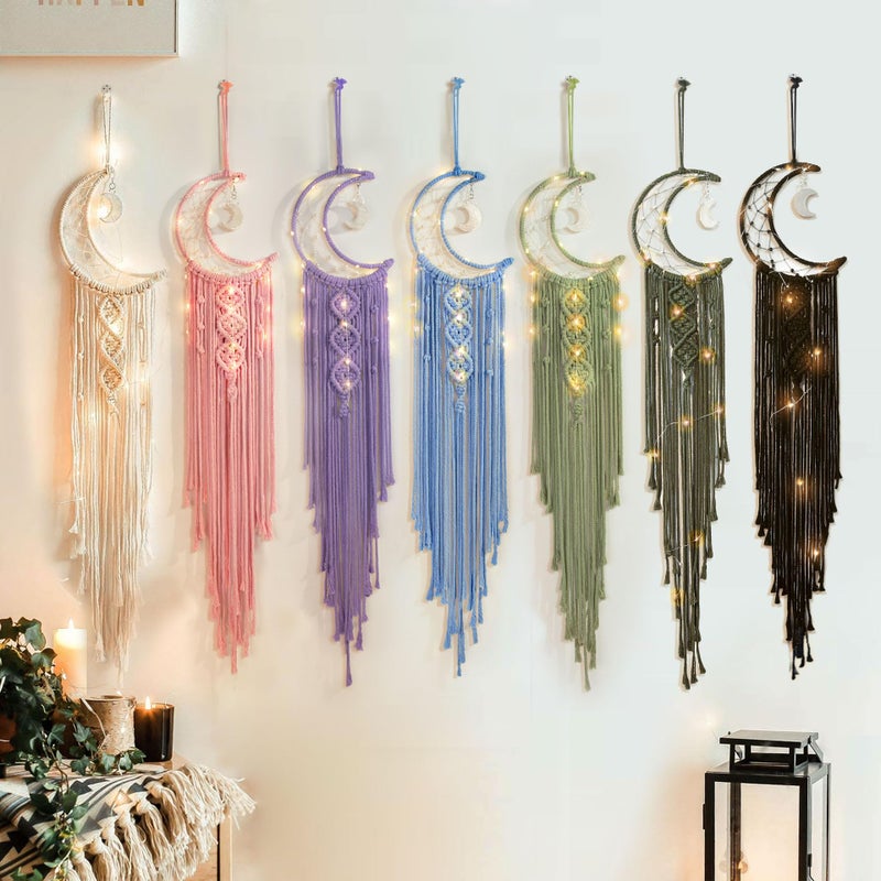 ANROYE Boho Macrame Woven Wall Hanging, Crochet Crescent Moon Star Dream Catcher with Long Tassel- White Cotton Handmade Bohemian Home Decor Decoration Art Craft for Kids Bedroom Dorm Room - Image 5