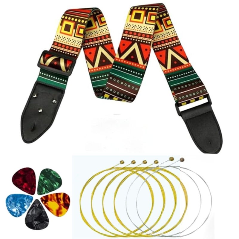 Mocking Bird Guitar strap with guitar String set and Plectrum | Guitar Belt for Acoustic adjustable buckle and Guitar Strings Set of 6 Stainless Steel for Acoustic Guitars with Hollow Ball End - Image 1