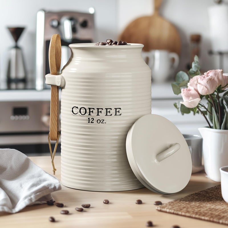 Barnyard Designs Coffee Canister for Kitchen Counter, Decorative Ceramic Coffee Container, Rustic Farmhouse Canister Jar, White (Coffee) - Image 2