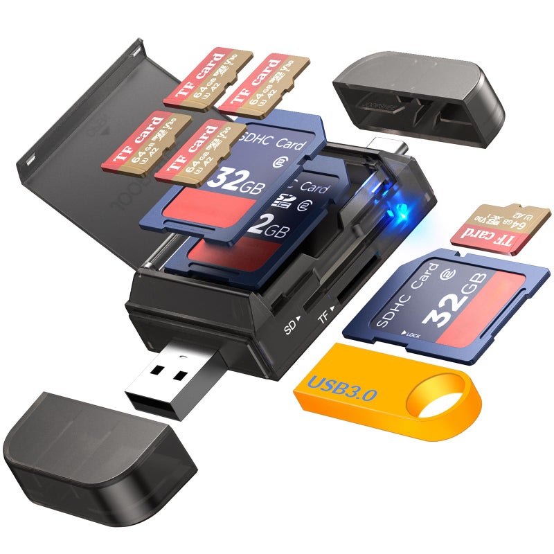 JOOPSHEE 6-in-1 SD/TF Card Reader Adapter with SD Card Storage USB A & Type C Port & USB 3.0 Slots for Micro SD/SDHC/SDXC/MMC Memory Cards, Compatible with PC, MacBook, Chromebook, Android Phone, i-Phone - Image 1