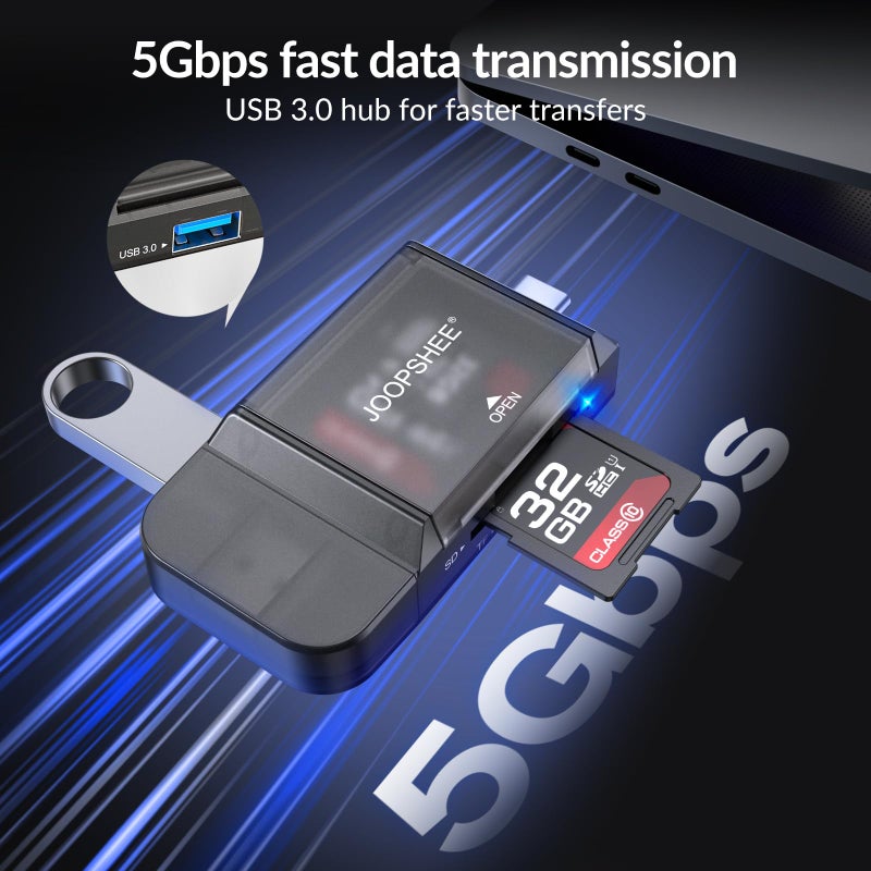 JOOPSHEE 6-in-1 SD/TF Card Reader Adapter with SD Card Storage USB A & Type C Port & USB 3.0 Slots for Micro SD/SDHC/SDXC/MMC Memory Cards, Compatible with PC, MacBook, Chromebook, Android Phone, i-Phone - Image 4