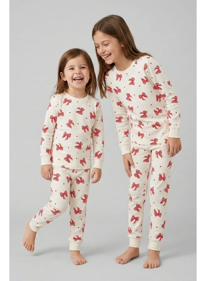 zuzunga Cream Color Red Bow Printed Girls' Pajama Set.