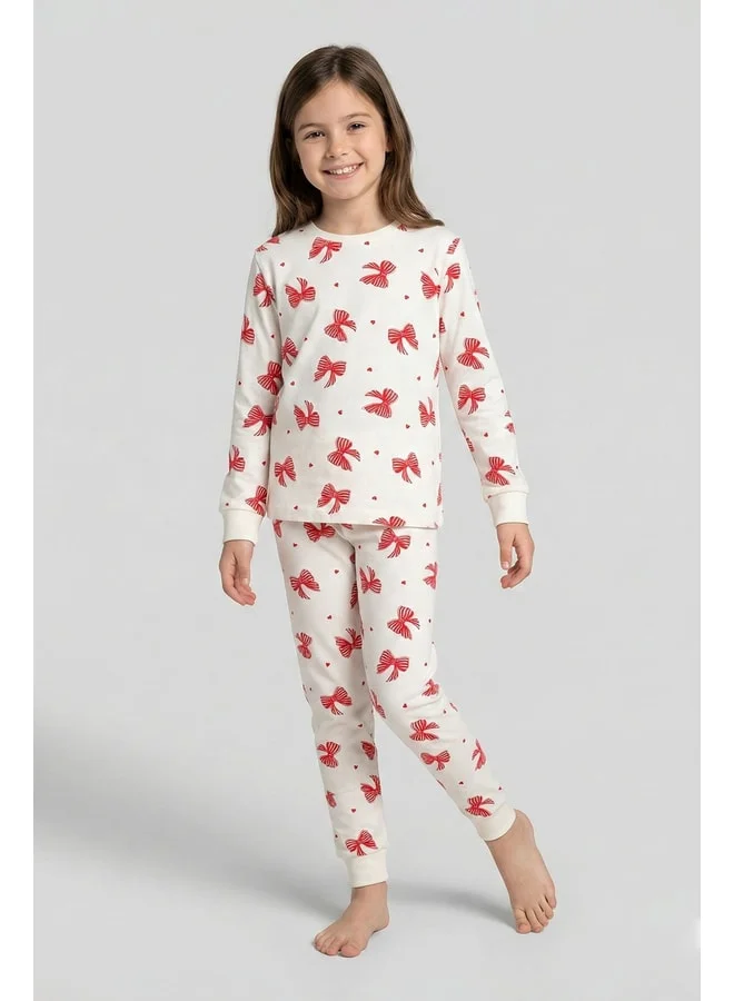 zuzunga Cream Color Red Bow Printed Girls' Pajama Set.