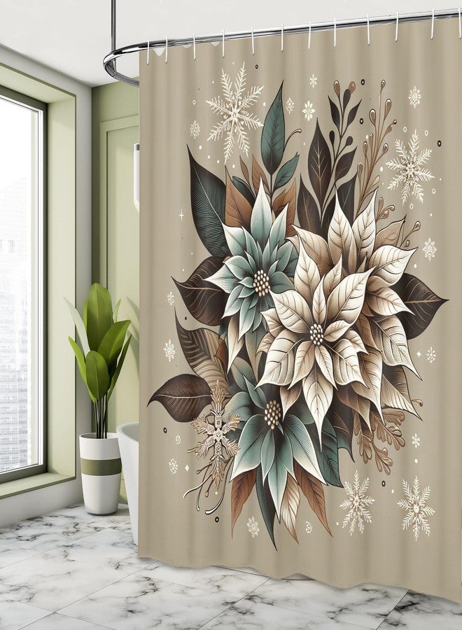 لونارابل ستارة حمام Lunarable بتصميم عيد الميلاد، مزينة بزخارف زهور البوينسيتيا التقليدية ورقاقات الثلج، طقم ديكور حمام من القماش مع خطافات، 69 بوصة عرض × 70 بوصة طول، بيج بني وأخضر غار - Image 2