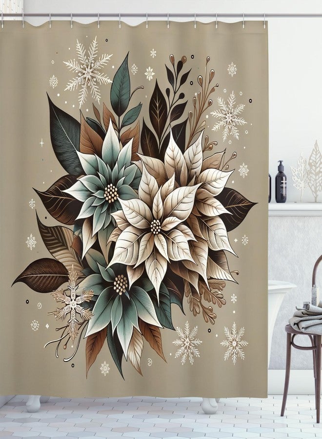 لونارابل ستارة حمام Lunarable بتصميم عيد الميلاد، مزينة بزخارف زهور البوينسيتيا التقليدية ورقاقات الثلج، طقم ديكور حمام من القماش مع خطافات، 69 بوصة عرض × 70 بوصة طول، بيج بني وأخضر غار - Image 3