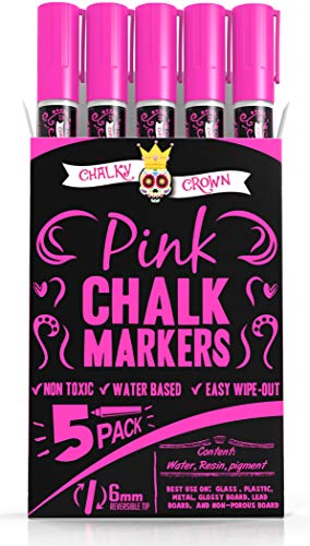 CHALKY CROWN Liquid Chalk Marker Pen - Dry Erase Marker - Chalk Markers for Chalkboard Signs, Windows, Blackboard, Glass - 6mm Reversible Tip (Pink, 5 Pack) - Image 1