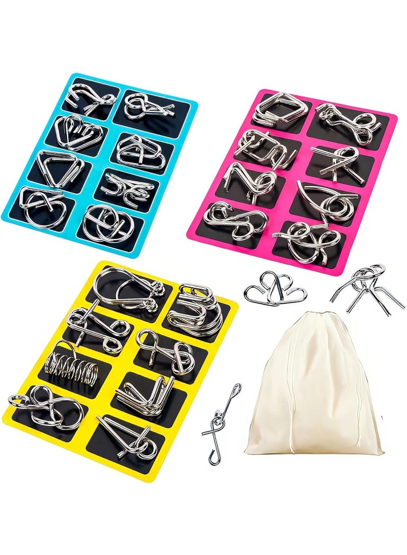 Soofam Metal Wire Puzzle Set of 24 with Pouch,Brain Teaser IQ Test Disentanglemen Iron Link Unlock Interlock Game Chinese Ring Magic Trick Toy for Party Favor Kids Adults Challenge - Image 1