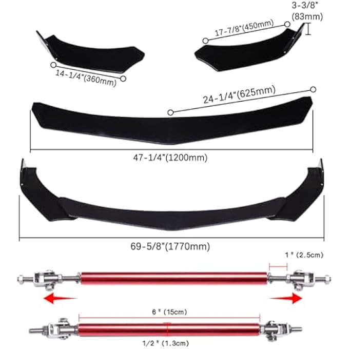 DREAMIZER Universal Front Bumper Lip Strut Rod Spoiler Wing Wide Body Kit Spoiler with Adjustable 8"-11" Support Splitter Rods (Red) - Sharp Corner - Image 5