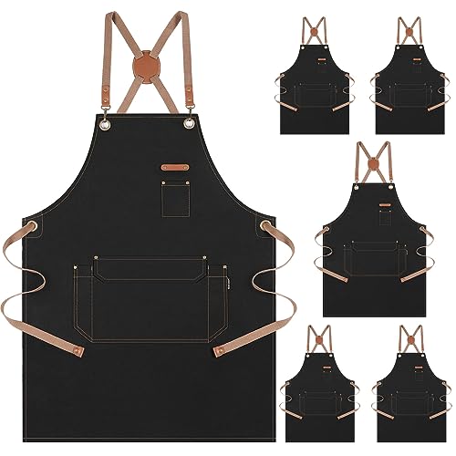 Genixart Chef Apron for Men Women with Pockets Canvas Aprons for Kitchen Cooking Artist Painting Work Apron for Server Black 6 Pack - Image 1