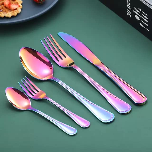 aDai Combo Set of 40 Premium Rainbow Cutlery Stainless Steel Luxury Dinnerware Tableware Round Edge Serving Spoon Fork Knife Reusable Mirror Finish for Home Kitchen Dining Table and Gift - Image 4