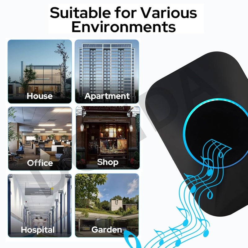 Wireless Doorbell 25 Soft Chord Chime and LED Flash Waterproof Door Bell Kit for Home Office Classroom Black - Image 2